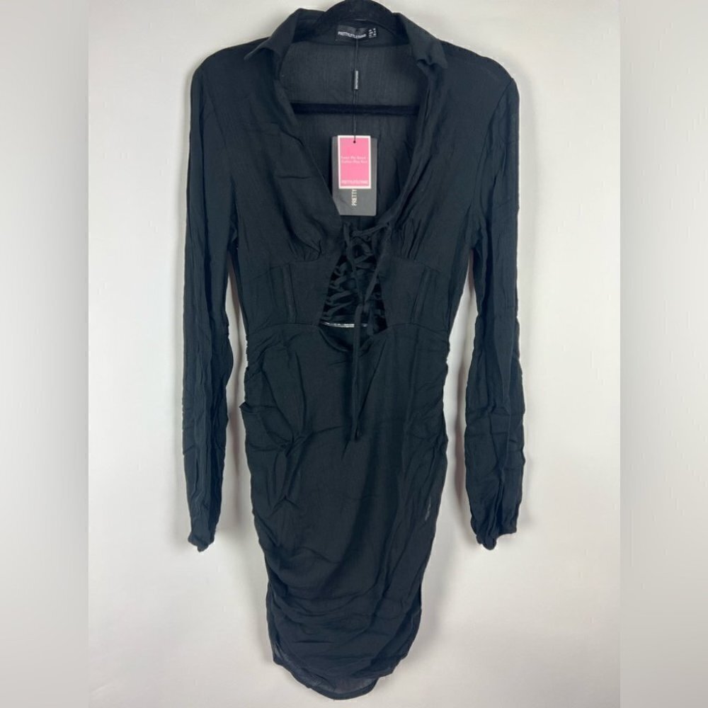 Prettylittlething, Lace Up Detail Bodycon Dress in Black. Size: 6 (US). NWT